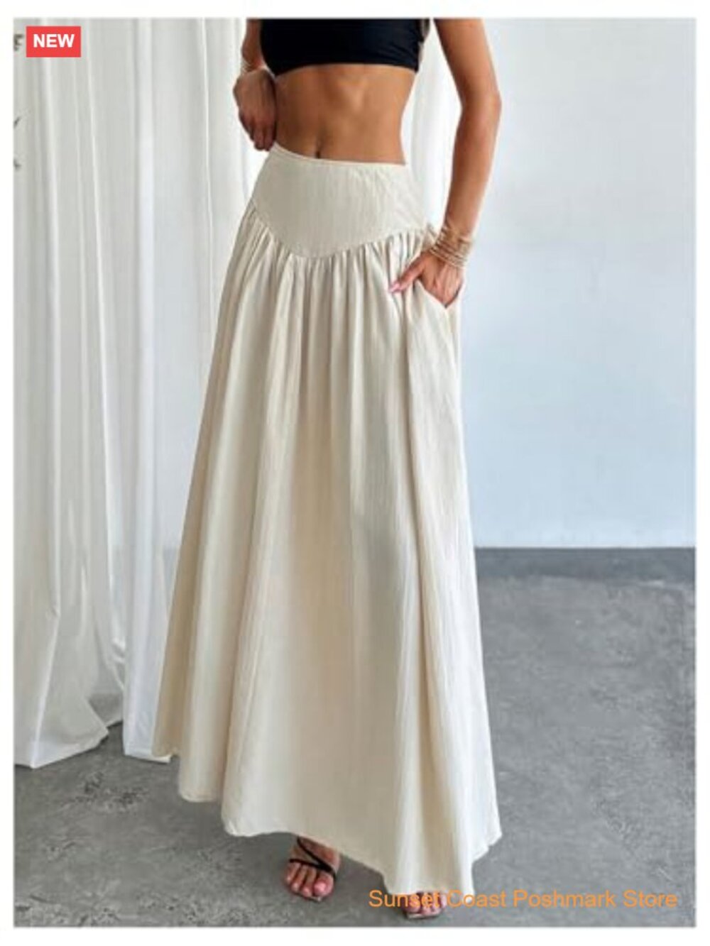 Women's Pleated Flowy Maxi Skirt High Waist Long Skirt with Pocket - Picture 3 of 6
